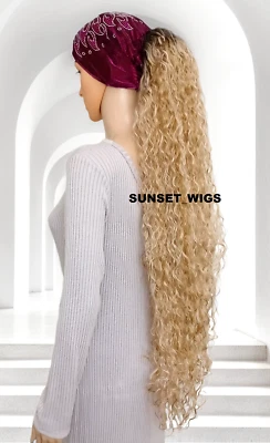 37" PONYTAIL HAIR PIECE EXTENSIONS DRAWSTRING LONG CURLY OMBRE BLONDE MIX - Image 1 of 2