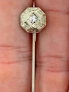 Antique Edwardian Old Mine Cut Diamond Stick Pin 14K Solid White Gold - Picture 1 of 7