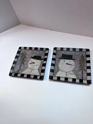 Set of 2 Snowman Plates Hand Painted Primitive Winter Christmas  by Donna White - Image 1 of 4