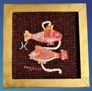 Crewel Art Picture’No Fishing Allowed’ 2 Regal Yarn/Cloth Fish Williams 1971 EUC - Picture 1 of 4