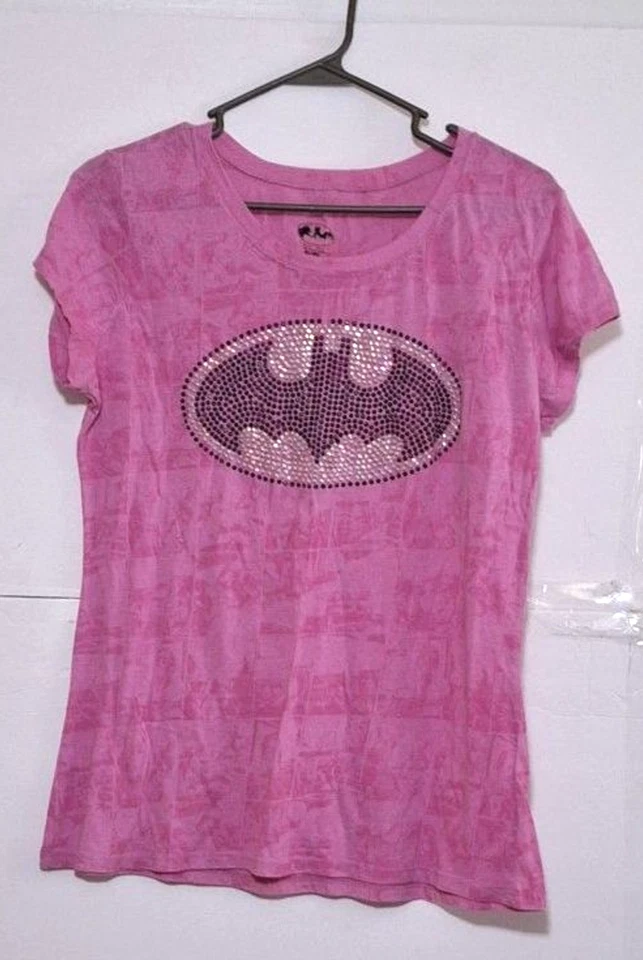 Camiseta para mujer A Batman Emblem rosa con tachuelas brillante estampado de cómic informal XL  Foto 1 de 4