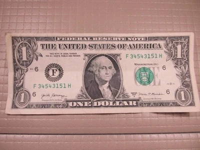 US $1 Bill Fancy Serial No. F 34543151 #H Series 2017 - Image 1 of 2