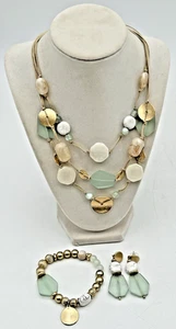 CHICOS GOLD TONE, TURQUOISE, WHITE TRIPLE STRAND NECKLACE, BRACELET, EARRINGS - Picture 1 of 15