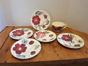 6 pcs BLUE RIDGE Southern Potteries DK. RED FLOWER Cup 5 Saucers - Picture 1 of 6