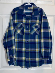 LL Bean Flannel Shirt Boys Medium 10-12 Blue Yellow Plaid Button Chest Pockets - Picture 1 of 7