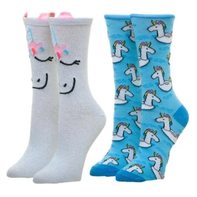 2 Pairs Crew Socks Unicorn Set Women's 3D Ears Glittery Silver Blue Pool Floats - Image 1 of 4