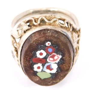 ARTS & CRAFTS RING GOLDSTONE MOSAIC STERLING GILT - Picture 1 of 9