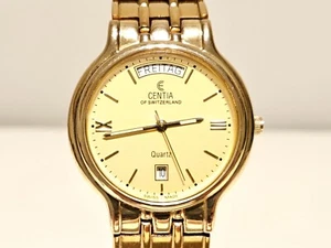 RELOJ DE CUARZO VINTAGE DE LUJO CHAPADO EN ORO PARA HOMBRE DÍA-FECHA "CENTIA DE SUIZA" - Imagen 1 de 15