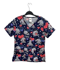 disney Eeyore Valentine scrub top Love Hearts Navy Blue Pink Womens Small Shirt - Picture 1 of 3