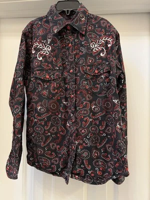 女牛仔五金西部衬衫女孩 M 黑色红色珍珠扣刺绣心形 — 第 1/4 张图片