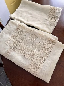 Beautiful Antique Natural Gauzy Linen Bed Cover Lace 84x84 with Pillow Cover - Picture 1 of 24
