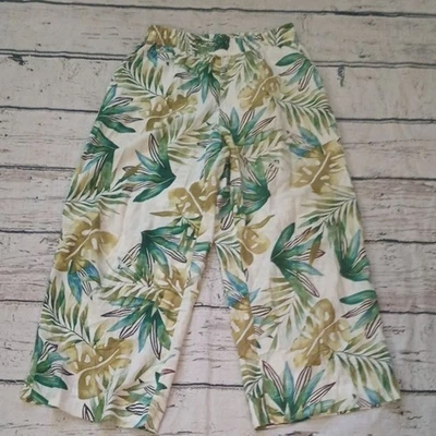Pantalones Cortos Sigrid Olsen Verde Marfil Estampado Botánico Mezcla de Lino Pierna Ancha S Foto 1 de 4