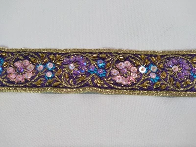 3 Yards Vintage Beaded Sequined Embroidered Ribbon Trim 1" Wide Purple Gold Pink - Image 1 of 3