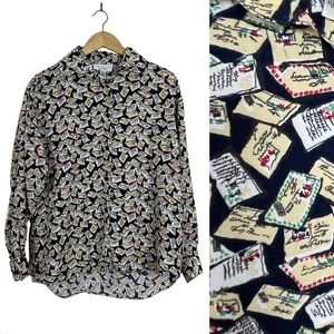 Vtg 80s 90s LOVE LETTER MAIL BLOUSE Novelty Print Shirt Top Cambridge Dry Goods - Picture 1 of 14