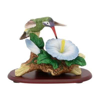 Porcelain White Eared Hummingbird & Morning Glory Figurine with Wooden Base - Image 1 of 4