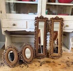 Vintage 4 HOMCO Mirrors Brown Faux Wicker Frame 1978 Wall Accent Brown Rattan - Picture 1 of 5