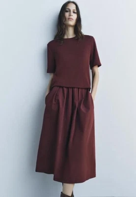 Vestido ZARA Mujer Combinación Vino Midi Tejido Top Manga Corta Bolsillos Talla Pequeña Foto 1 de 4