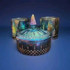 Carnival Glass Indiana 2 Glass Canister Bowl Lid Harvest Grape Blue Iridescent  - Picture 1 of 9