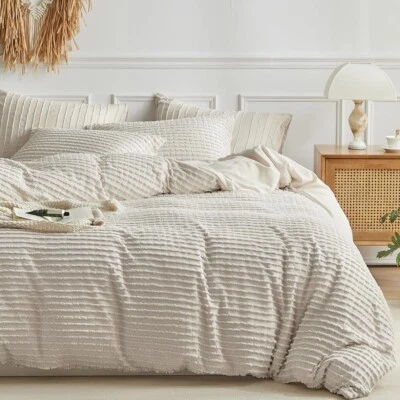 NEW West Elm Beige Boho Queen Size Tufted Fringe Bedding Duvet & Sham Set - Image 1 of 4