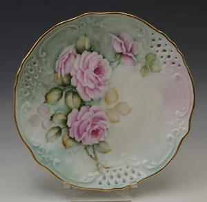 VINTAGE HAND PAINTED PIERCED GERMAN PORCELAIN ROSES 8.5" PLATE ARTIST SIGNED - Picture 1 of 4