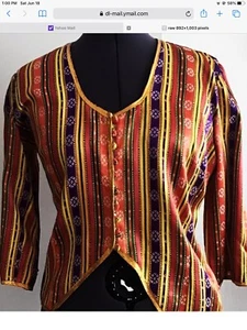 Vintage 50er Satin Brokat Lounge Bluse Top bedeckt Knöpfe Goldrand M-L - Bild 1 von 11