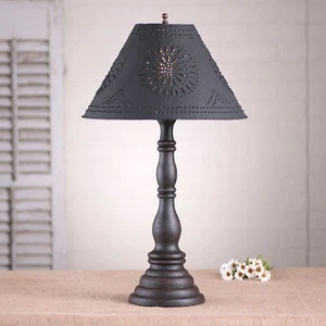 DISTRESSED BLACK TABLE LAMP & 15" Punched Tin Shade - Primitive Handmade Light - Picture 1 of 2
