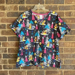 Disney Women's Scrub Top Winnie the Pooh Winter Print V Neck 3 Pocket Size 2X - Picture 1 of 5