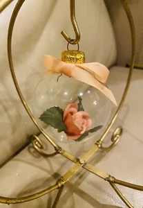 Ornamenti natalizi vintage 4 bicchieri fiore rosa in palla trasparente 3" con nastro - Foto 1 di 4