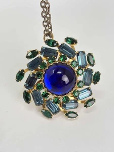 Vintage 1950s Cobalt Blue Cabochon Necklace Gold Tone Green & Blue Rhinestones - Picture 1 of 5