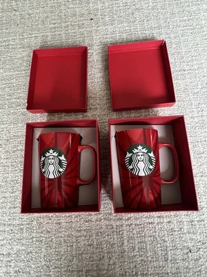 (2) Starbucks Coffee Mug Red Tall Tea Cup 16oz 2014 Christmas Holiday Collection - Image 1 of 4