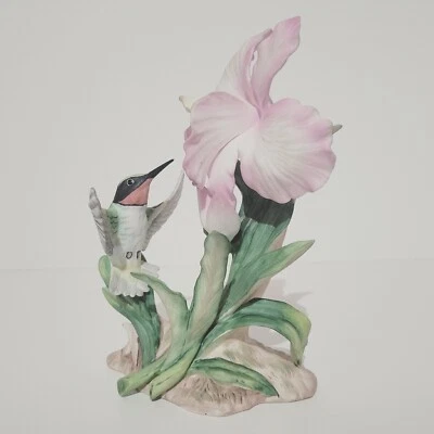 Vintage HOMCO Masterpiece Hummingbird On Pink Orchid 7" Tall Bone China 1985  - Image 1 of 4