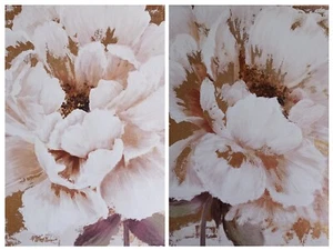 Wall Art Unframed CANVASES Set of Two (2) SINGLE FLOWER (CREAM & GOLD) - Picture 1 of 5