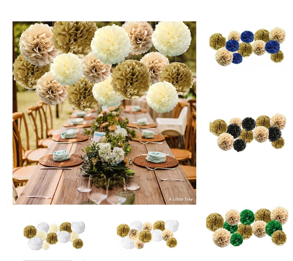 18PCs GOLD Mix Tissue Pom Poms Paper Pompom Flower Ball Birthday Christmas Party - Image 1 of 4