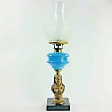Antique Roman Woman Figural Bust Kerosene Oil Lamp with Blue Glass Etched Shade