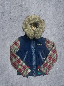 Coogi Parka Faux Fur Tartan Pattern Jacket Blue Women's Large - Picture 1 of 4