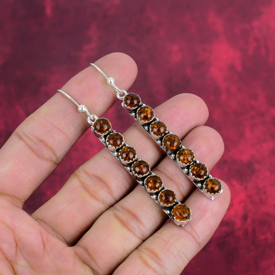 Baltic Amber Gemstone Handmade 925 Sterling Silver Earrings Jewelry - Image 1 of 4