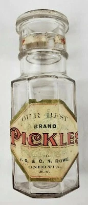 Tarro botella pepinillo Oneonta NY antiguo raro J.O. & G.N. Rowe Grocers Label Vintage Foto 1 de 4