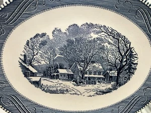Currier & Ives Oval Platter Old Inn Winter Royal China Blue 13" Vtg MCM 1950's - Picture 1 of 6