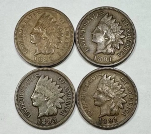 1889, 1891 and 1893 Indian Head Cent 1c Lot of 4 - Picture 1 of 3