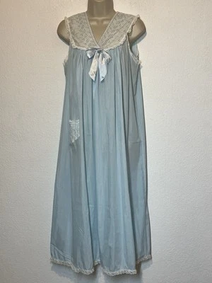 De Colección Camisón Maxi Vestido de Salón Cottagecore Sin Mangas Azul Ojales Cuello Saks Foto 1 de 4