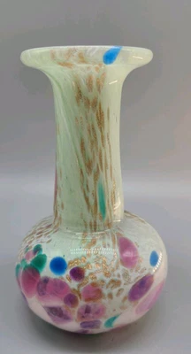 Jarrón soplado a mano con rayas de manchas doradas círculos de colores verde claro Foto 1 de 4