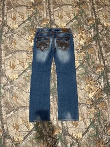 Jeans Affliction Copper 34x34 holgados azules descoloridos desgastados falta botón  - Imagen 1 de 6