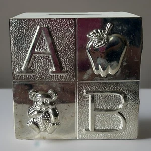 Letter Block ABC 3" Cube Baby Children's Decor Silver Plated Coin Piggy Bank - Picture 1 of 11