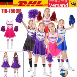 Cheerleader Kostüm Kinder Mädchen Cheerleadering Outfit Uniform mit Pompons Set - Bild 1 von 28