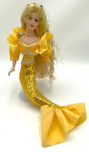 ASHLEY BELLE MERMAID DOLL 14" TALL YELLOW SEQUINED TAIL BLONDE HAIR WITH STAND - Picture 1 of 7