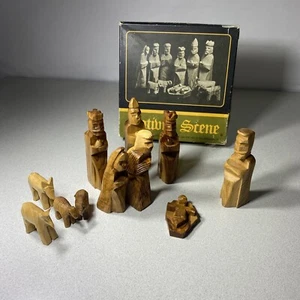 Vintage Set 12 Hand Made Carved Olive Wood Nativity Scene Figures Jerusalem - Picture 1 of 10