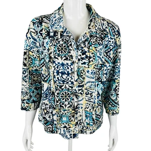 Chaqueta vaquera Chico's para mujer talla 2 12 14 blanca azul floral manga 3/4 elástica - Imagen 1 de 10