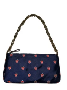 J. Crew Silk Wristlet Clutch Purse Chain Link Strap Preppy Navy Red Crests BNWT - Picture 1 of 8