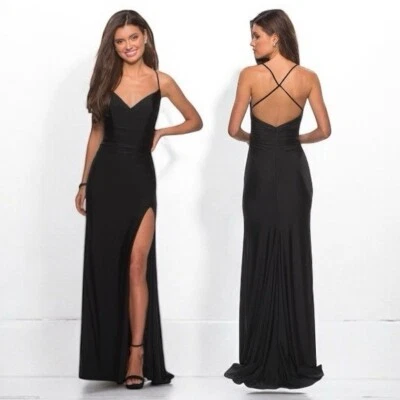 🌻NEW La Femme Long Black Crisscross Strapped High Slit Sheath Gown Size 6. - Image 1 of 4