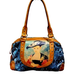 SHARIF 1827 Blue SNAKESKIN HANDPAINTED BAROQUE PORTRAIT STUDDED Leather Tote LG - Picture 1 of 8